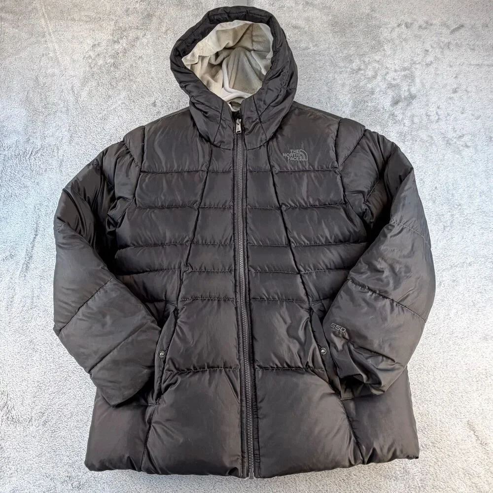 North Face Girls 550 Down Puffer Jacket Hooded Black Size XL 18